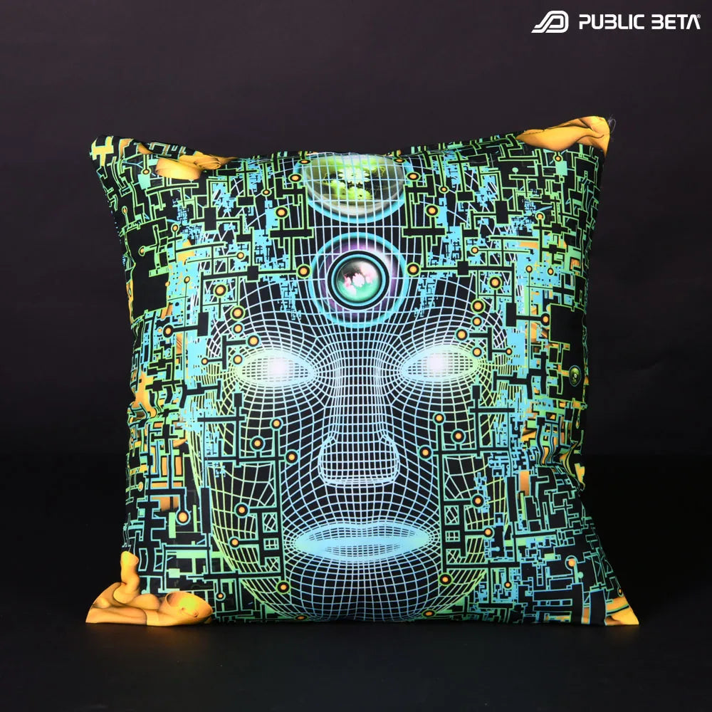 Cushion Cover with UV-reactive graphics glowing under blacklight