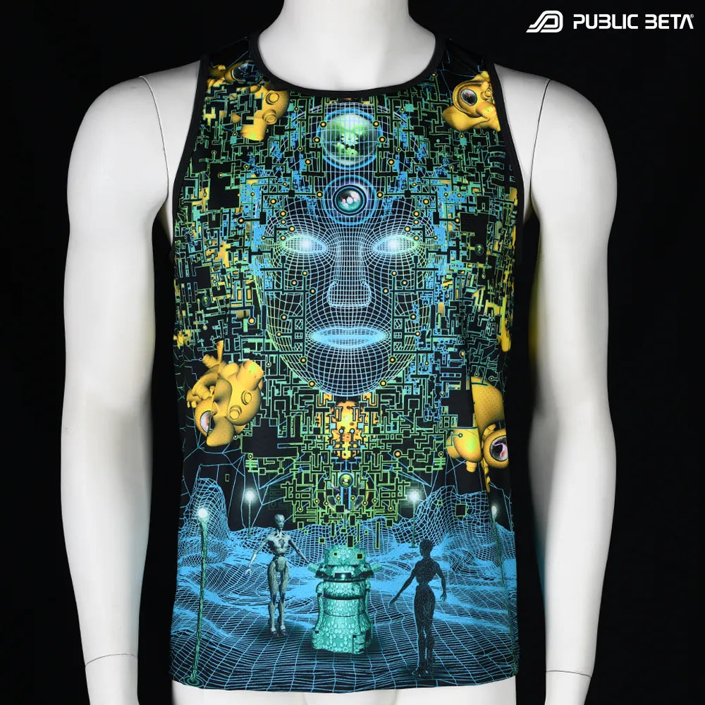 Sleeveless Shirt with UV-reactive printed graphics, photographed in natural light