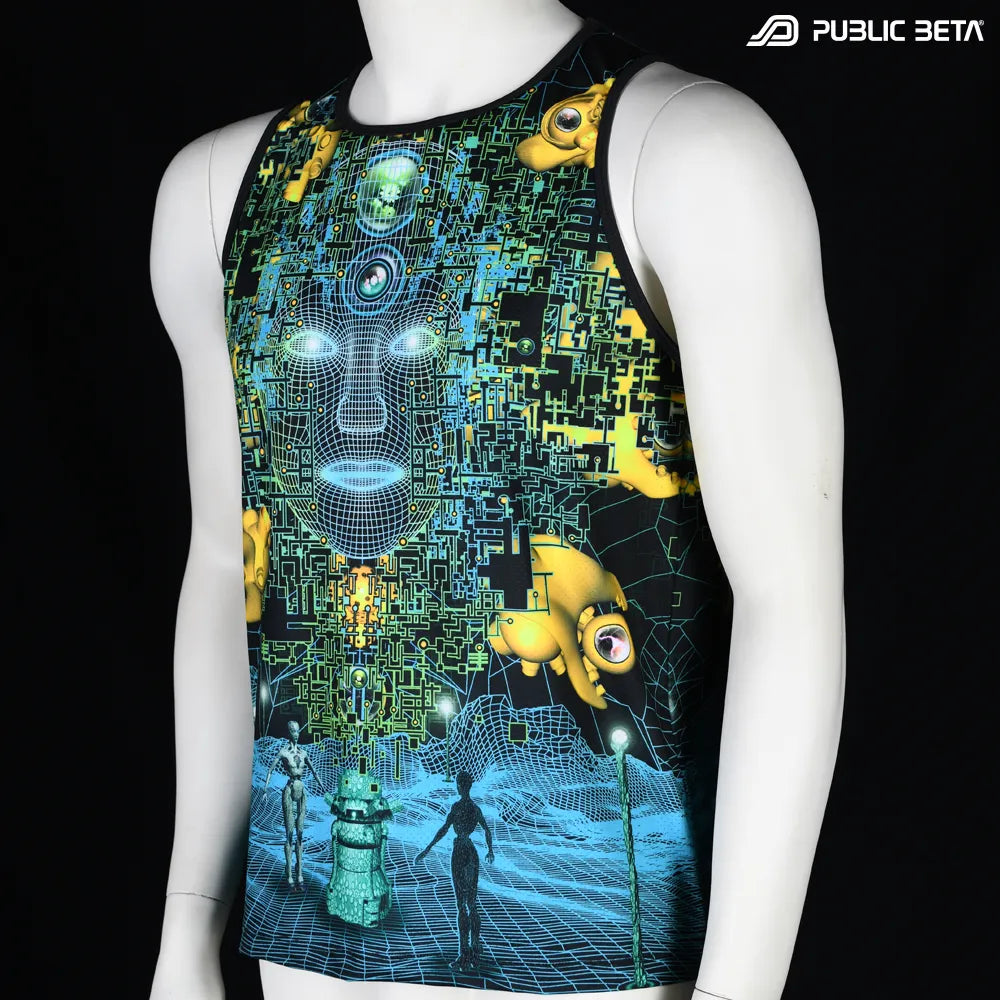 Sleeveless Shirt with UV-reactive printed graphics, photographed in natural light