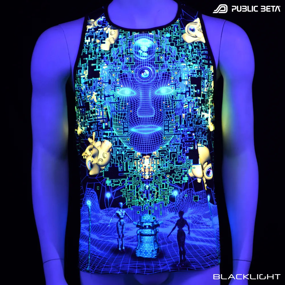 Sleeveless Shirt with UV-reactive graphics glowing under blacklight
