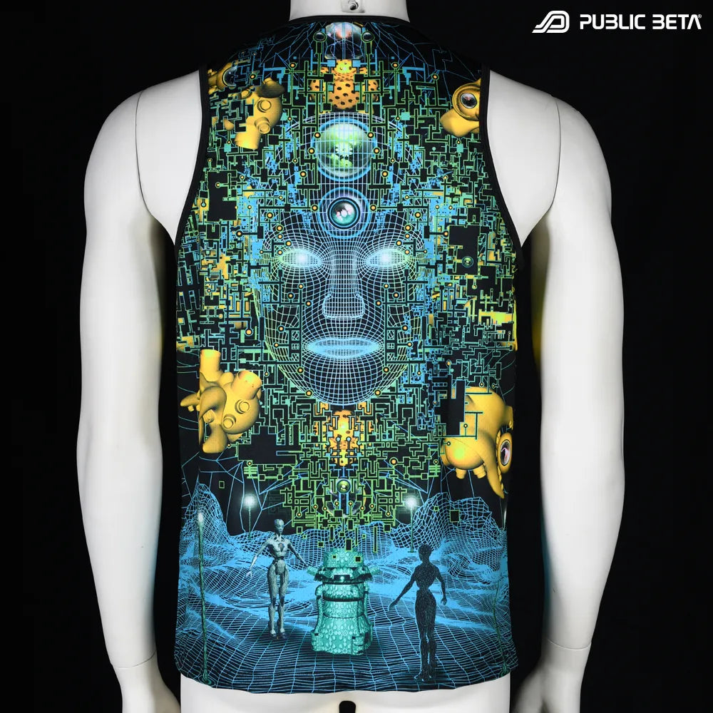Sleeveless Shirt with UV-reactive printed graphics, photographed in natural light