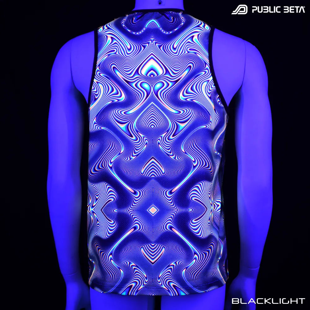 Sleeveless shirt with UV-reactive psychedelic art print glowing under blacklight