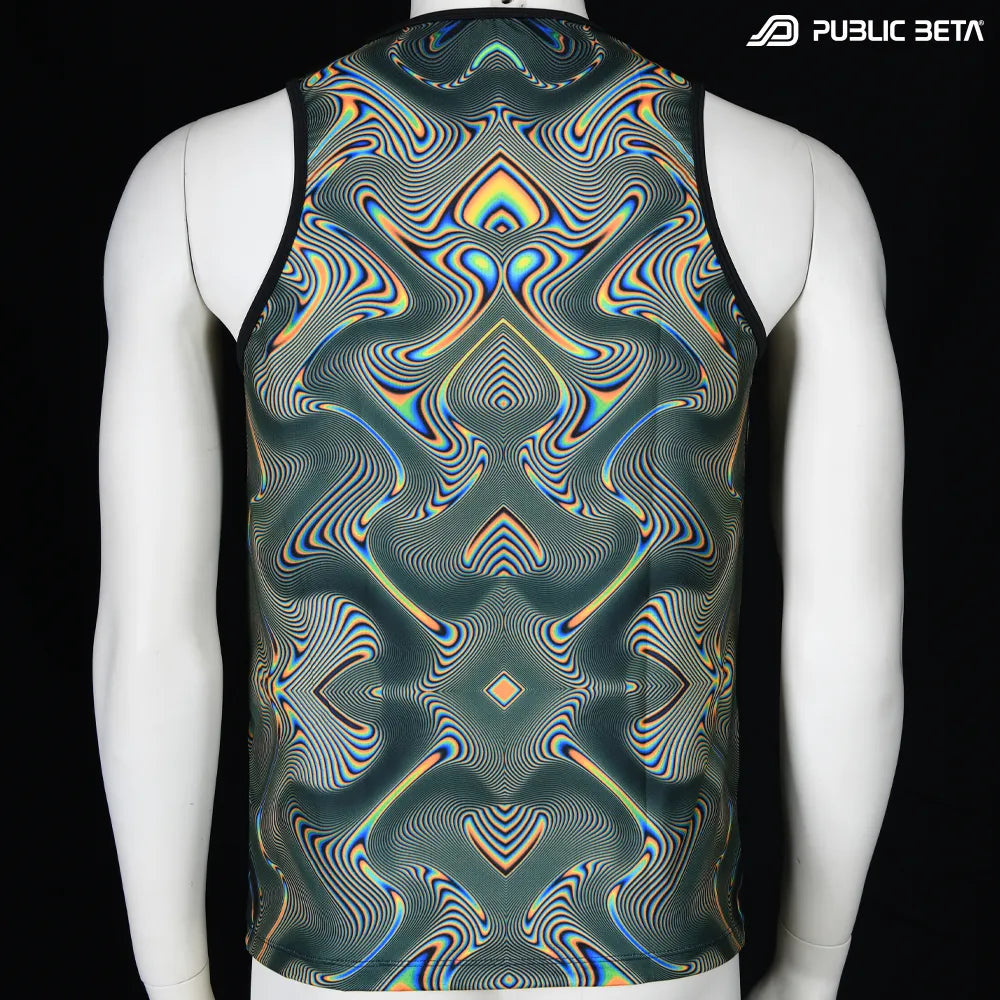 Sleeveless with UV-reactive psychedelic art print, photographed in natural light