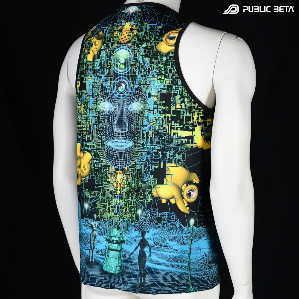 Sleeveless Shirt with UV-reactive printed graphics, photographed in natural light