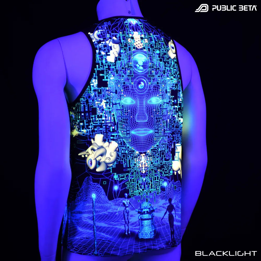 Sleeveless Shirt with UV-reactive graphics glowing under blacklight