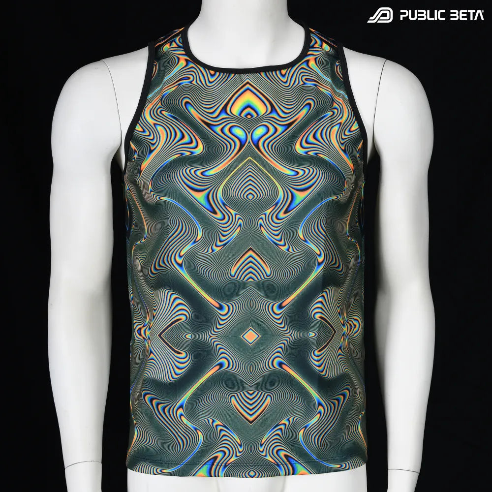 Sleeveless with UV-reactive psychedelic art print, photographed in natural light