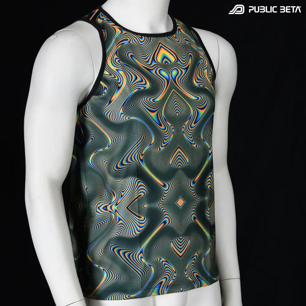 Sleeveless with UV-reactive psychedelic art print, photographed in natural light