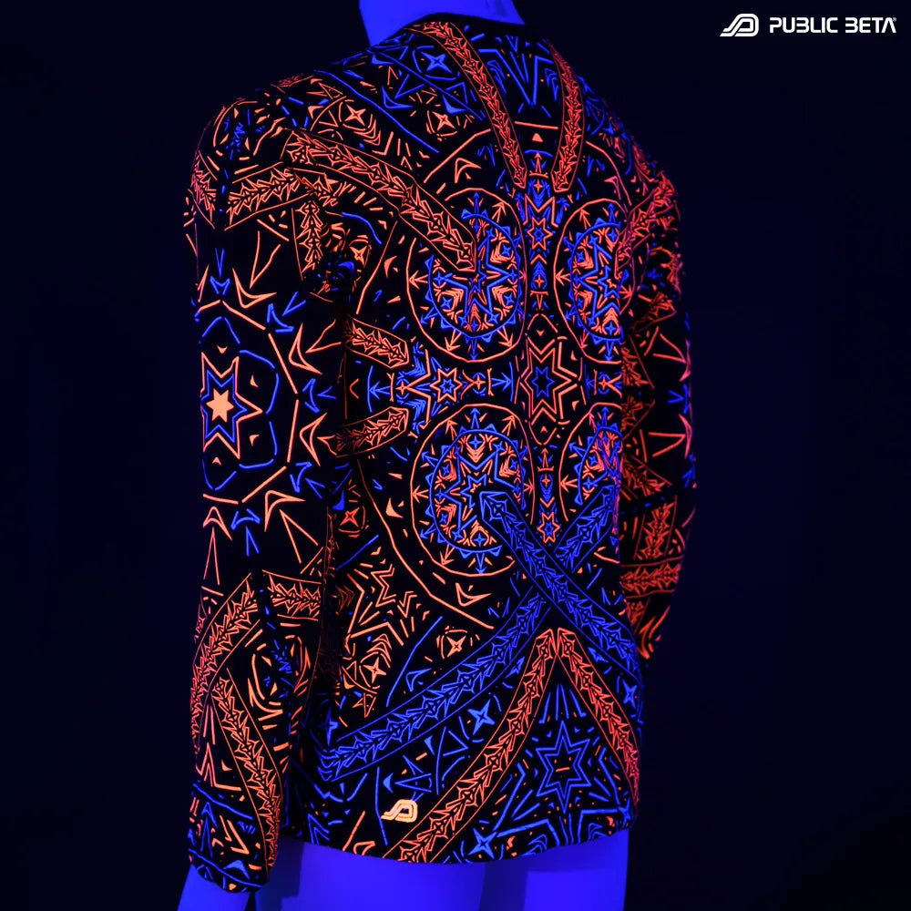 Longsleeve shirt  with dense pattern UV-reactive graphics glowing under blacklight