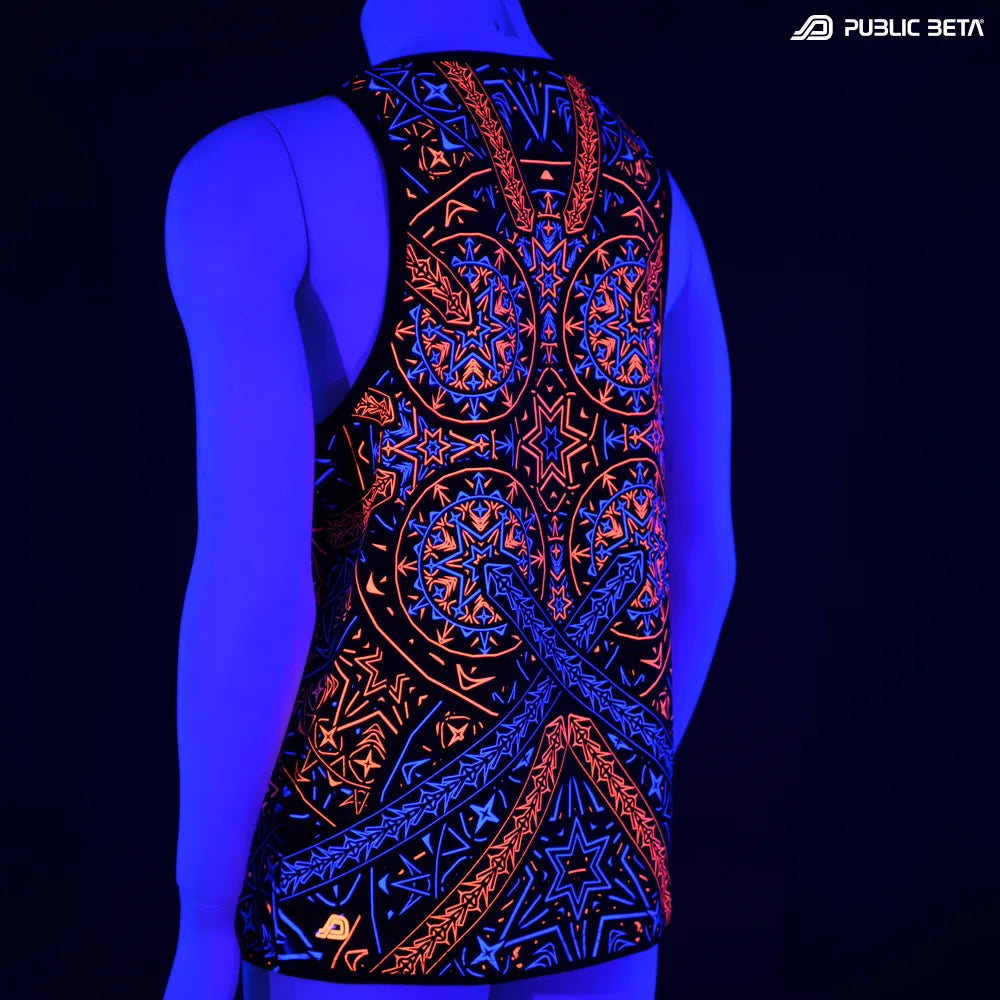 Sleeveless shirt with geometric UV-reactive graphics glowing under blacklight