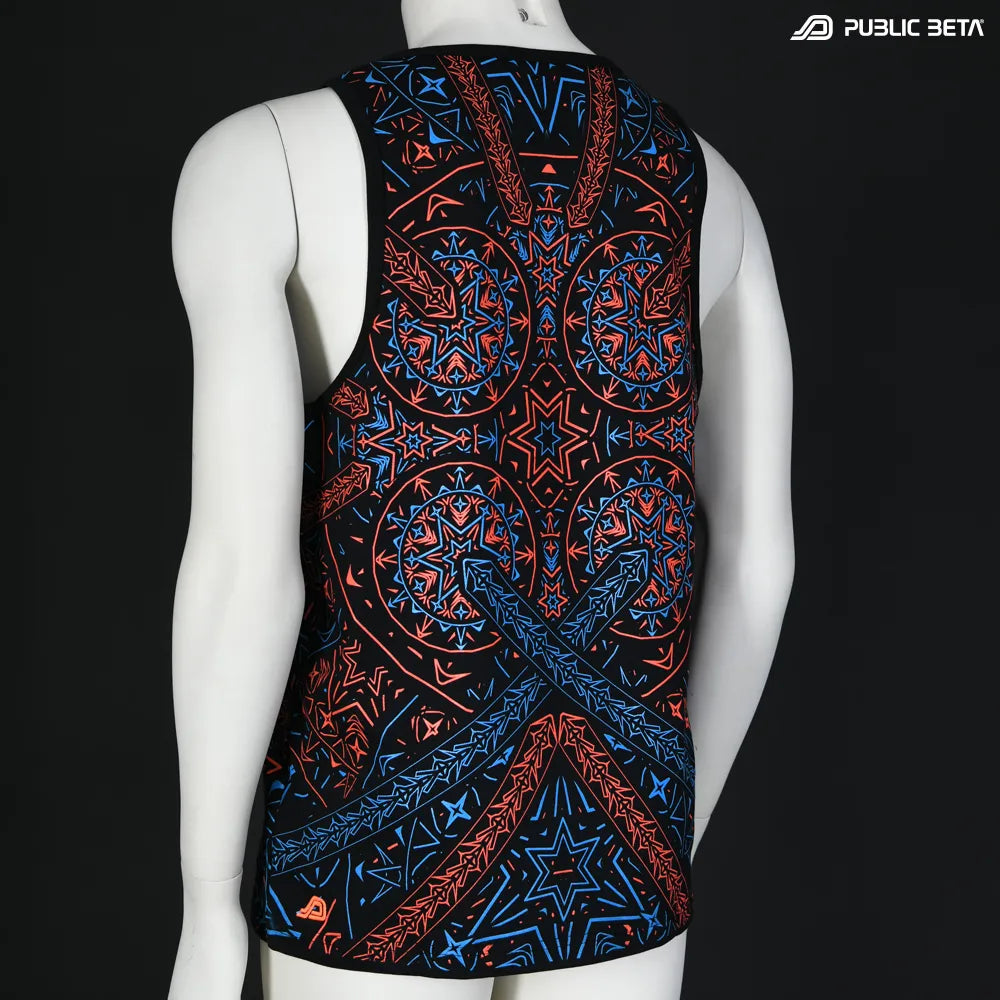 Sleeveless with all-over UV-reactive print, photographed in natural light