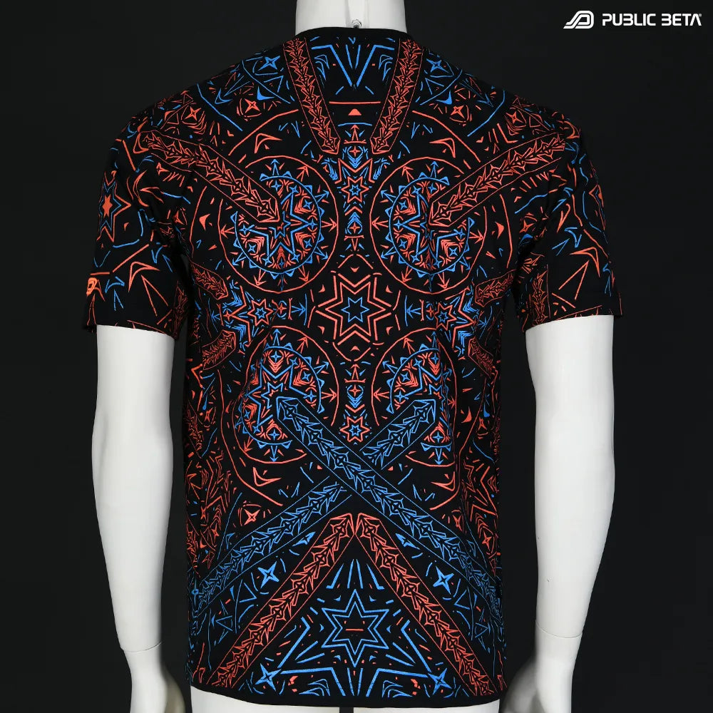 T-shirt with UV-reactive printed graphics, photographed in natural light