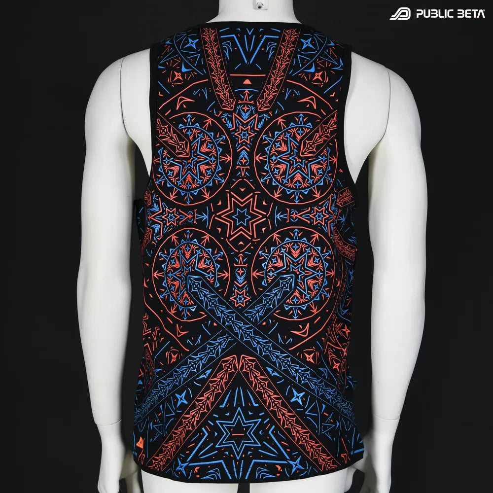 Sleeveless with all-over UV-reactive print, photographed in natural light