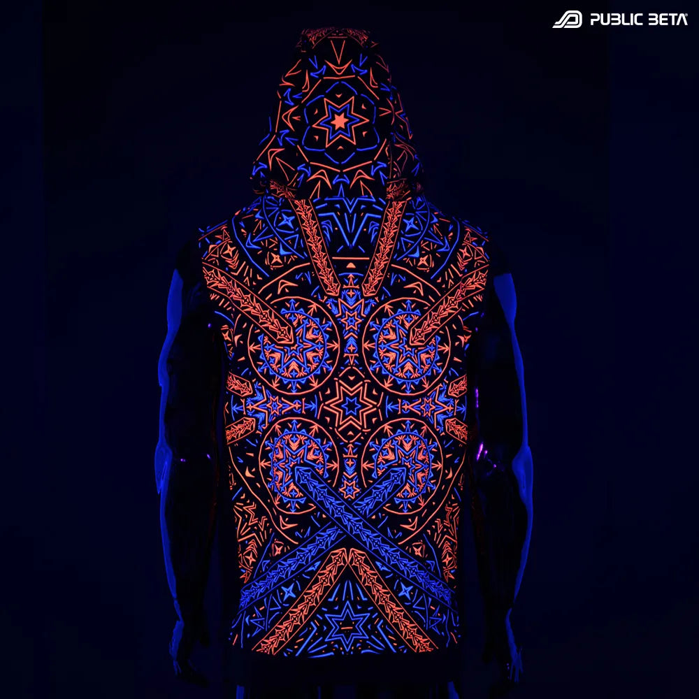 Hooded Vest with geometric UV-reactive graphics glowing under blacklight