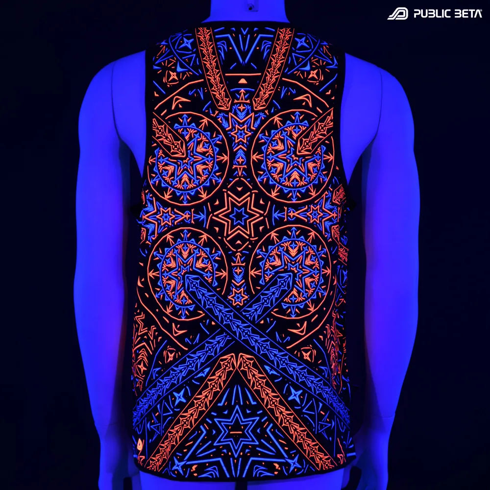Sleeveless shirt with geometric UV-reactive graphics glowing under blacklight