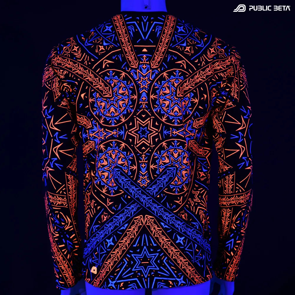 Longsleeve shirt  with dense pattern UV-reactive graphics glowing under blacklight