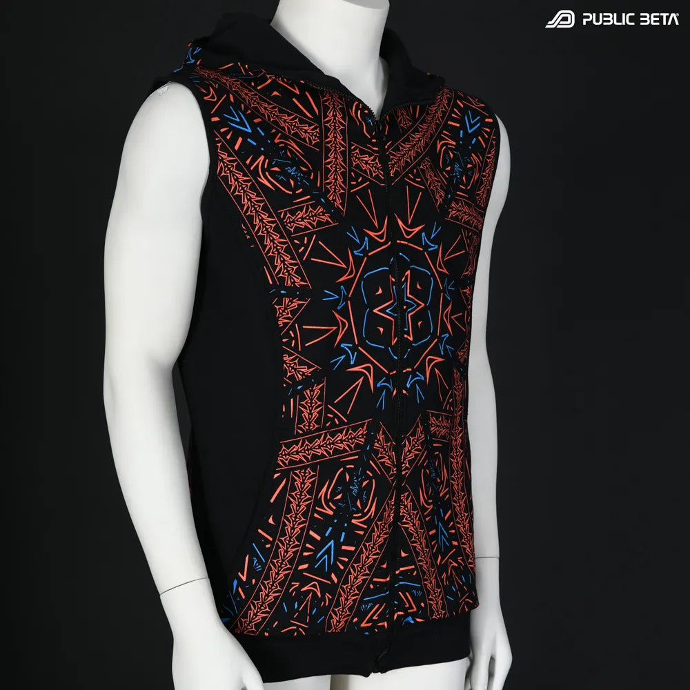 with geometric UV-reactive graphics, photographed in natural light