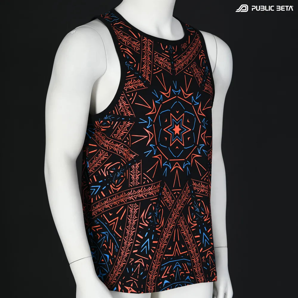 Sleeveless with all-over UV-reactive print, photographed in natural light