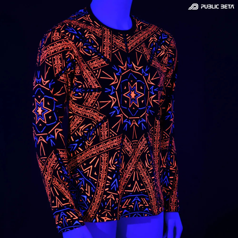 Longsleeve shirt  with dense pattern UV-reactive graphics glowing under blacklight