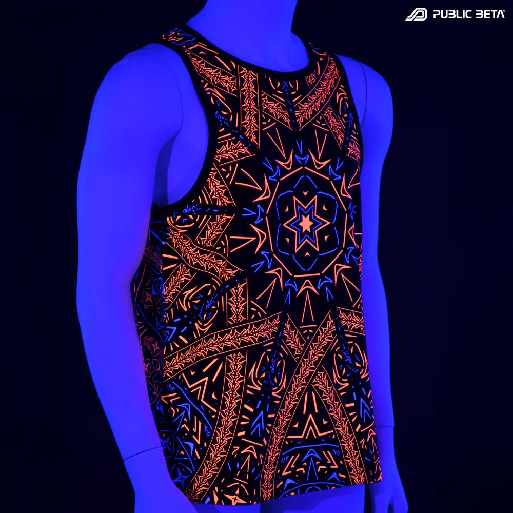 Sleeveless shirt with geometric UV-reactive graphics glowing under blacklight