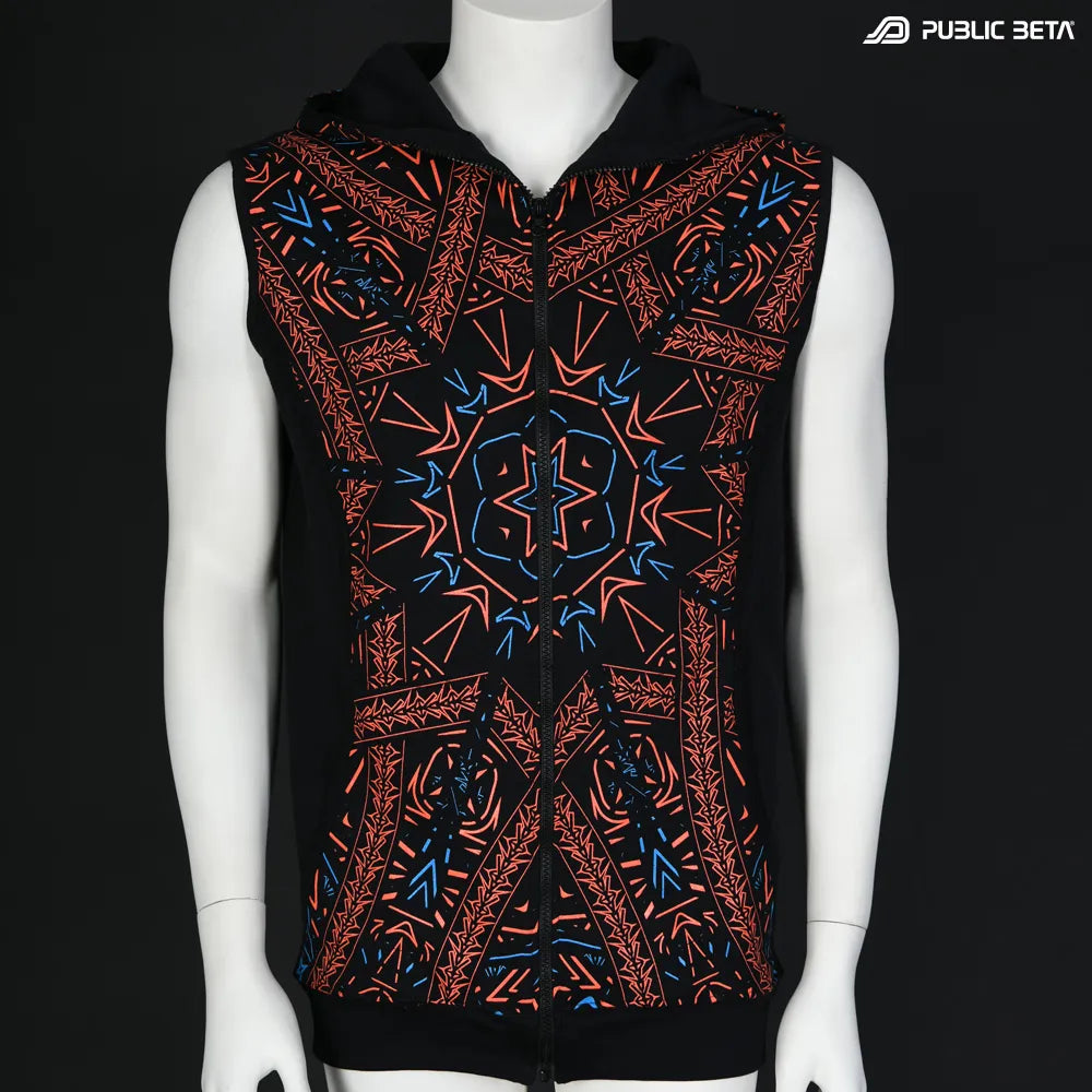 Hooded vest with geometric UV-reactive graphics, photographed in natural light