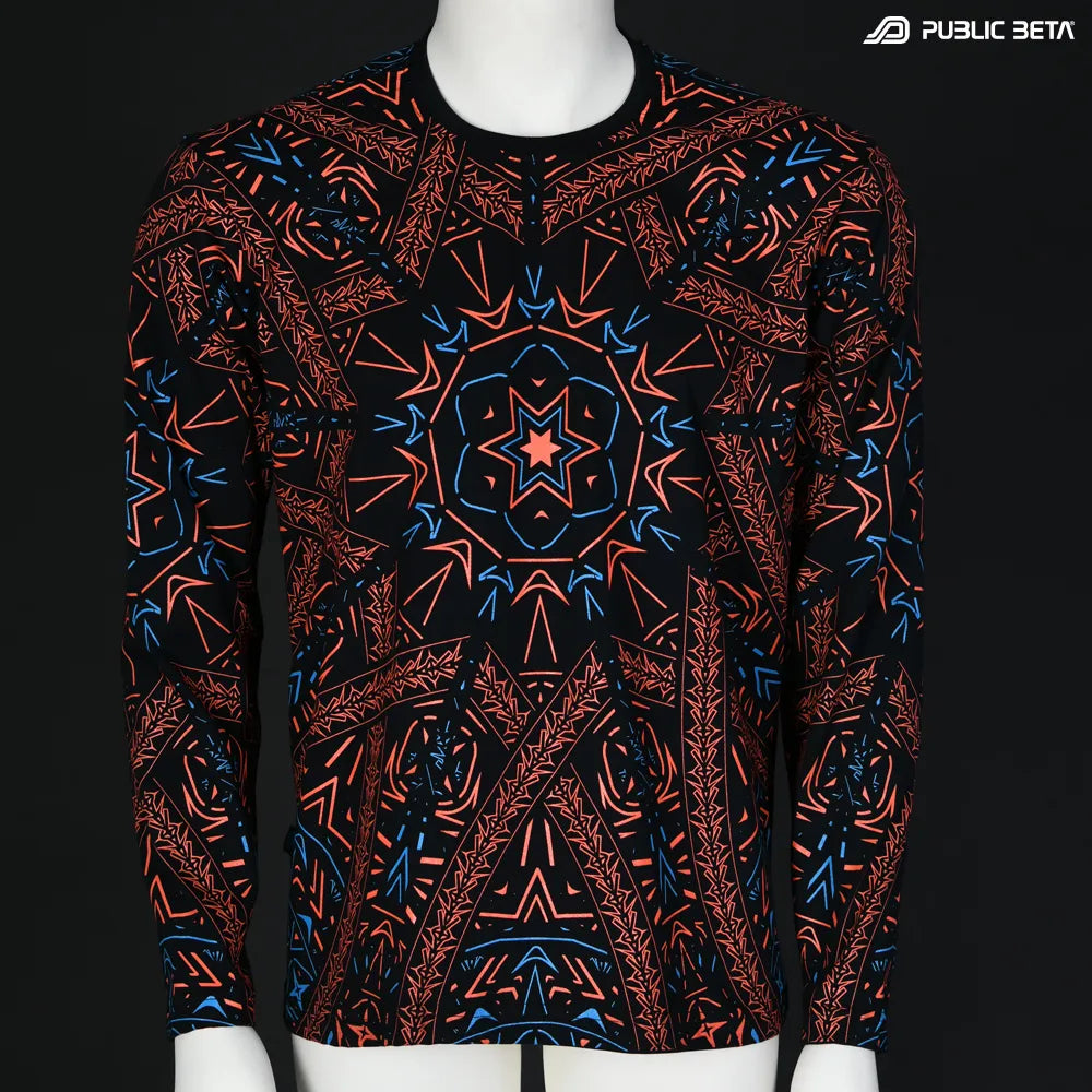 Longsleeve with UV-reactive futuristic graphics, photographed in natural light