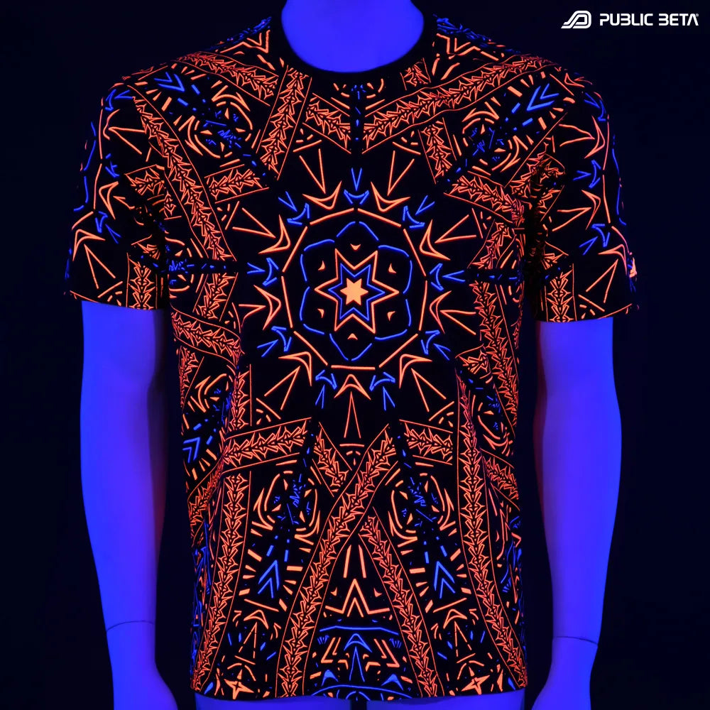 T-shirt with geometric UV-reactive graphics glowing under blacklight

