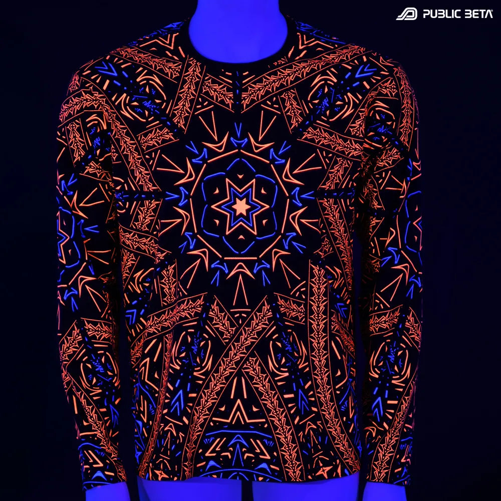 Longsleeve shirt  with dense pattern UV-reactive graphics glowing under blacklight