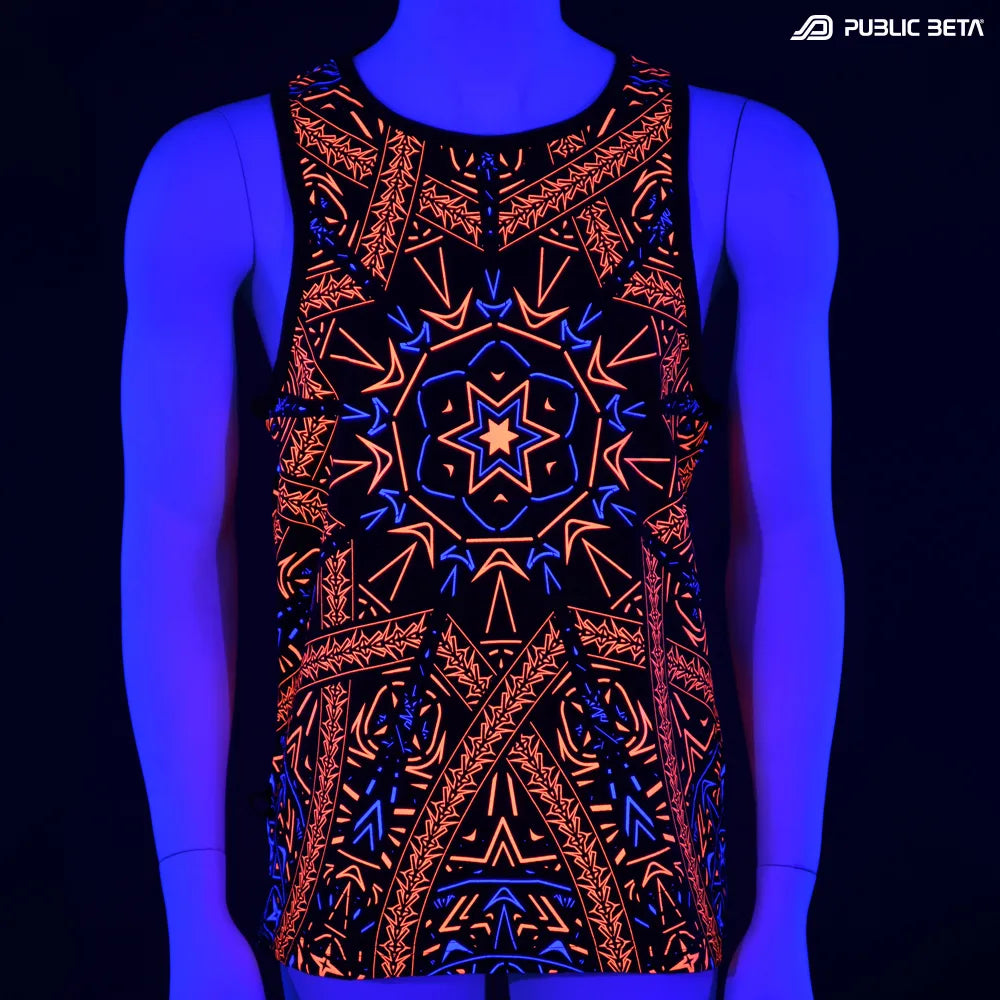 Sleeveless shirt with geometric UV-reactive graphics glowing under blacklight