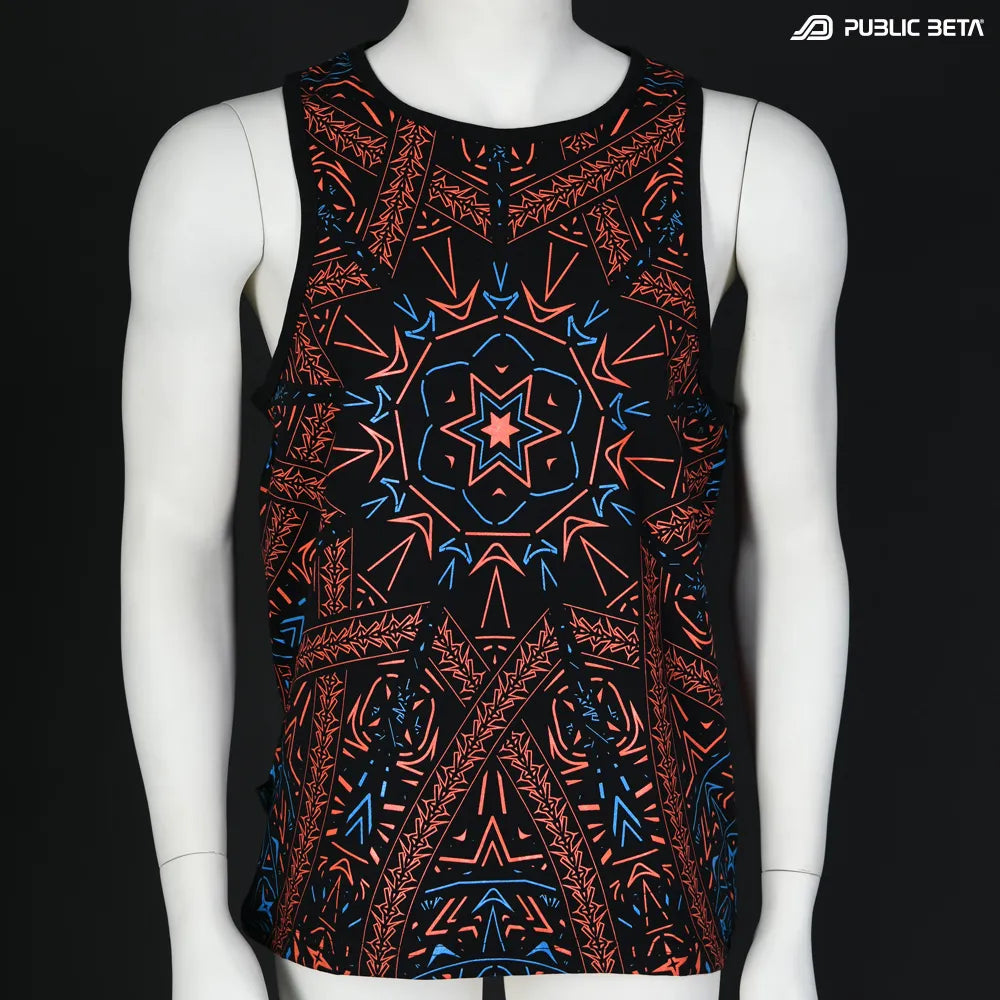 Sleeveless with all-over UV-reactive print, photographed in natural light