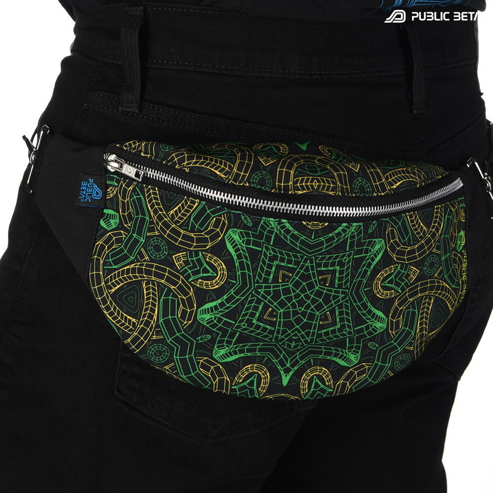 Bum bag with green and gold Celtic knotwork mandala print, photographed in natural light