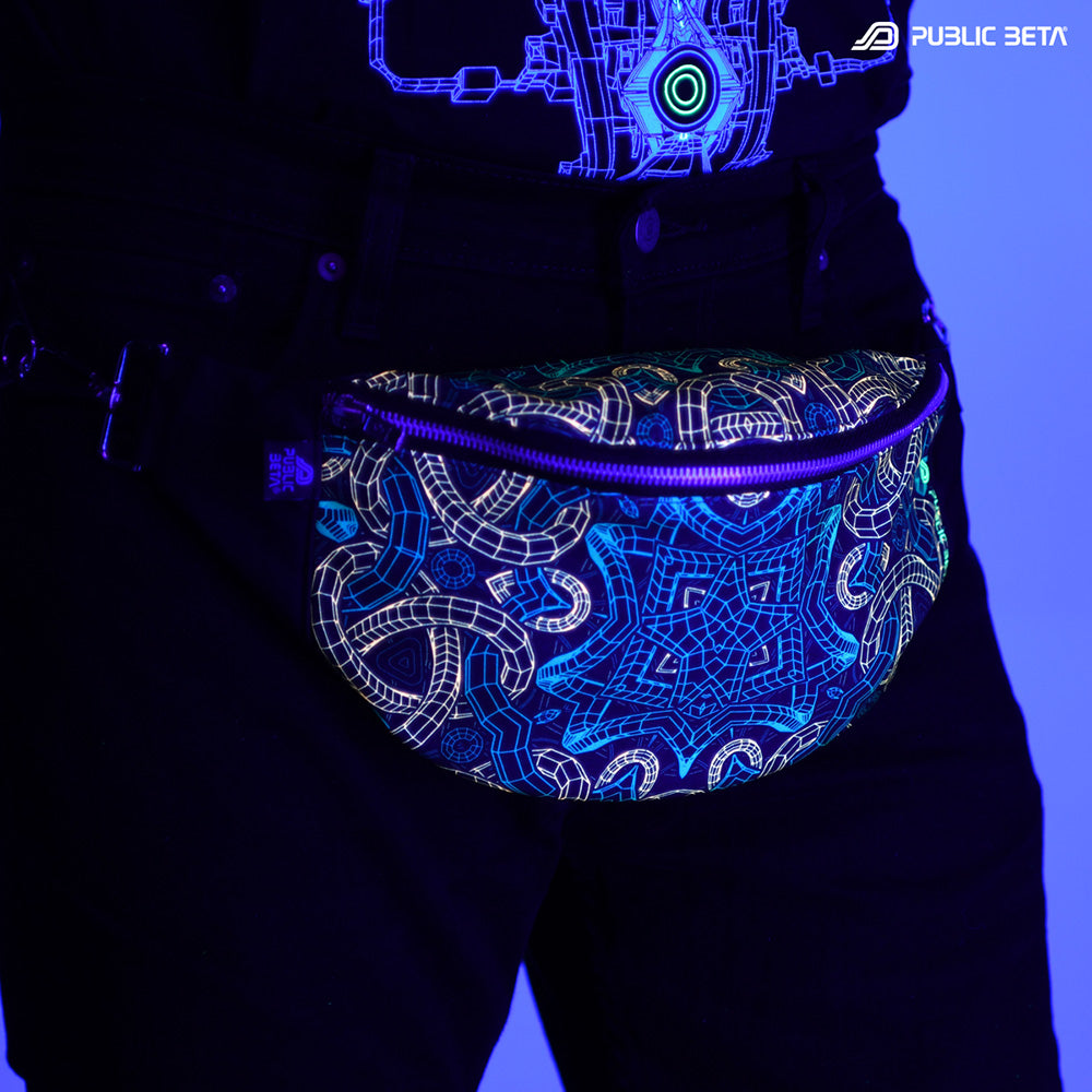 Bum bag with blue Celtic knotwork mandala print glowing under blacklight