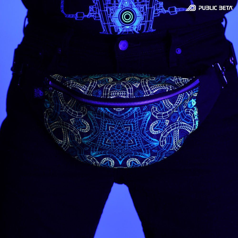 Bum bag with blue Celtic knotwork mandala print glowing under blacklight