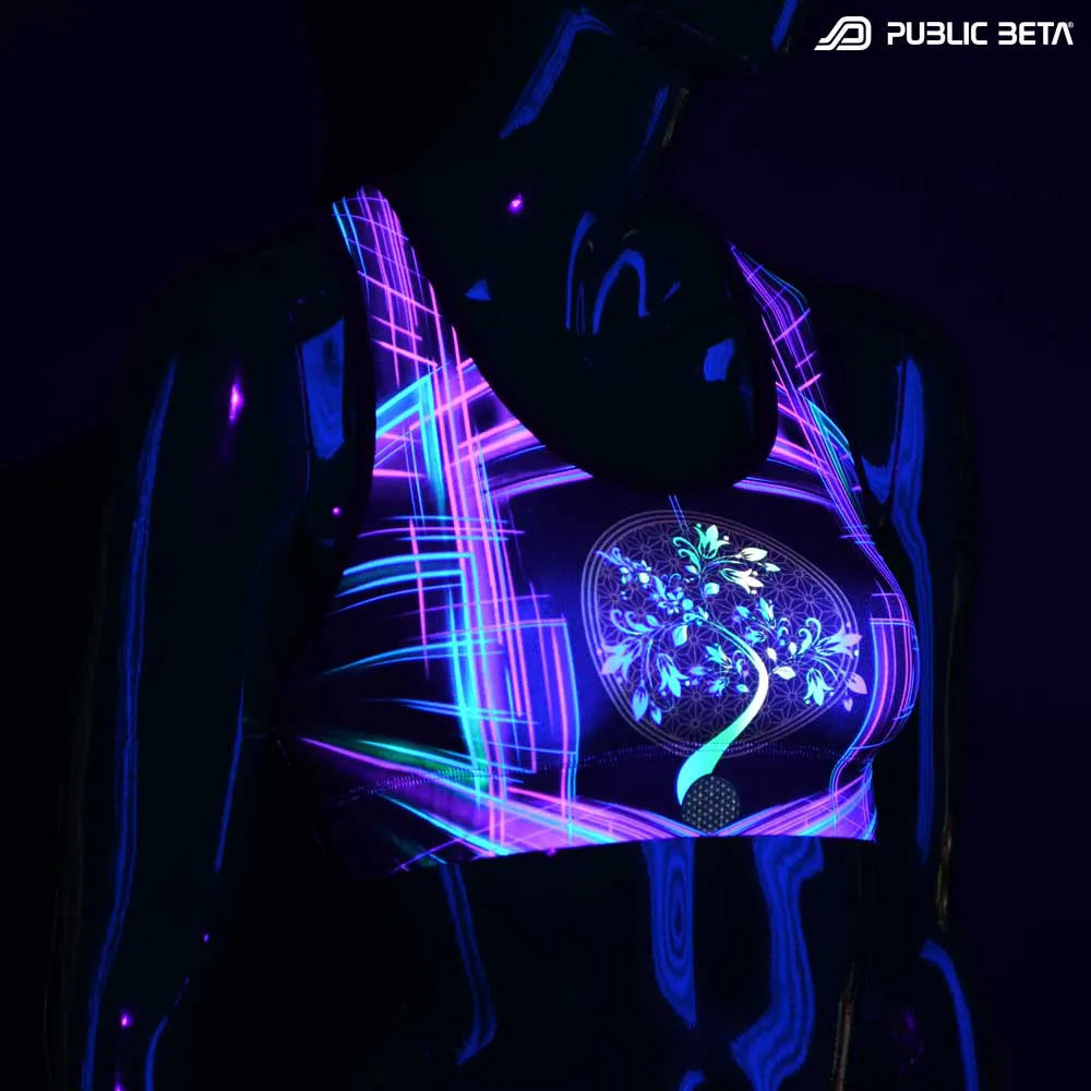Active top with UV-reactive psychedelic art print glowing under blacklight