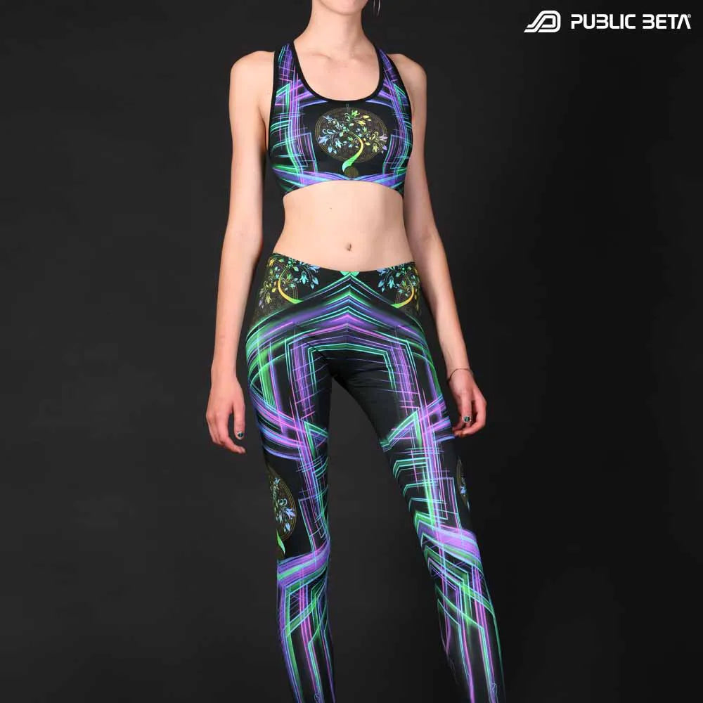Active top with UV-reactive psychedelic art print 