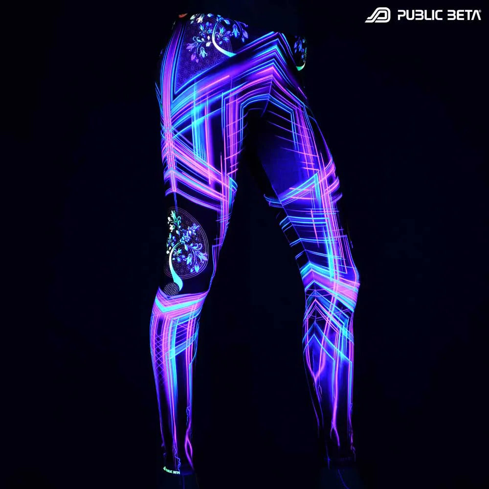 Leggings with UV-reactive psychedelic print glowing under blacklight