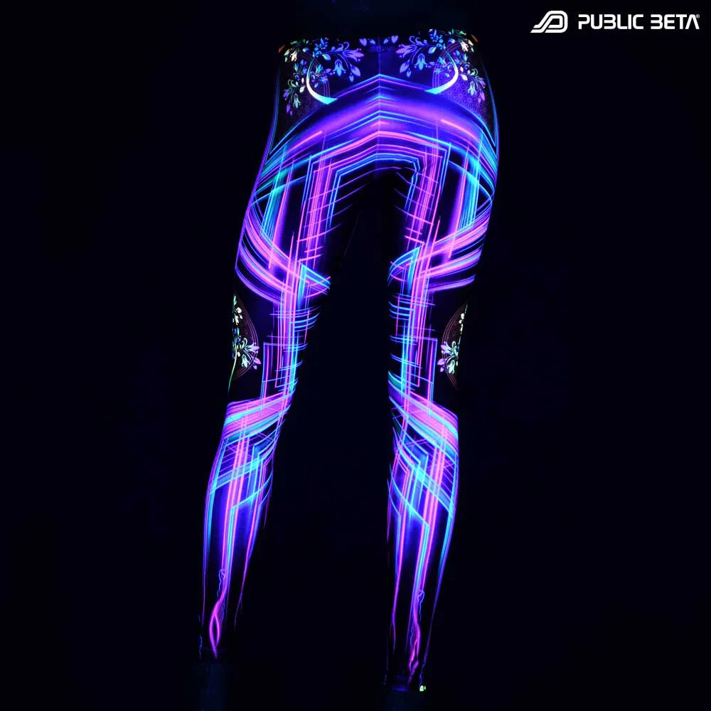 Leggings with UV-reactive psychedelic print glowing under blacklight