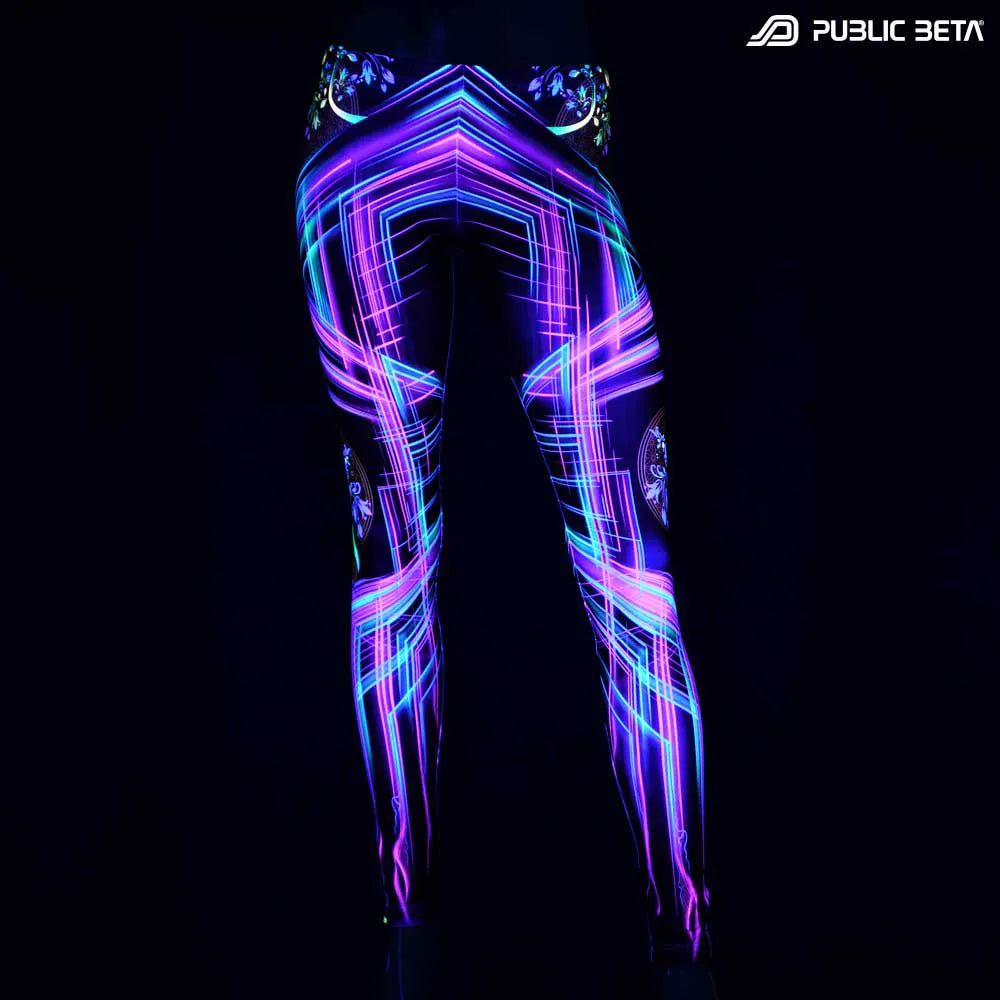 Leggings with UV-reactive psychedelic print glowing under blacklight