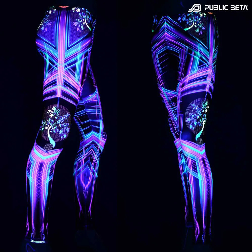 Leggings with UV-reactive psychedelic print glowing under blacklight