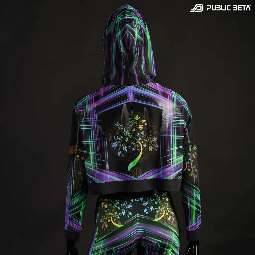 Hooded Crop Top/ Glow in Blacklight Mesh /DigiTree D144