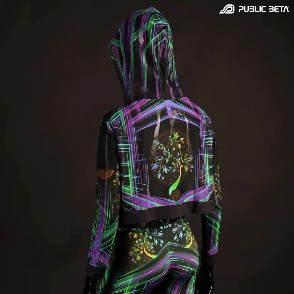 Hooded Crop Top/ Glow in Blacklight Mesh /DigiTree D144