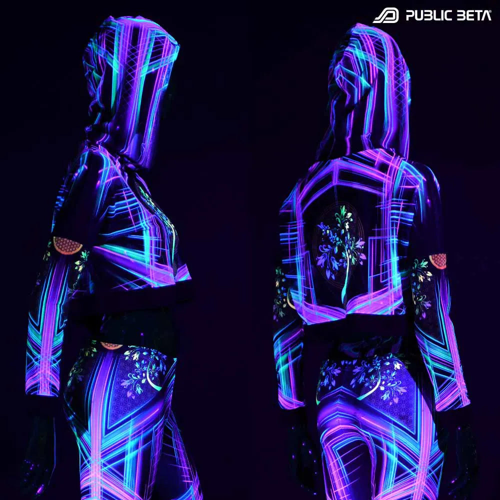 Hooded Crop Top/ Glow in Blacklight Mesh /DigiTree D144