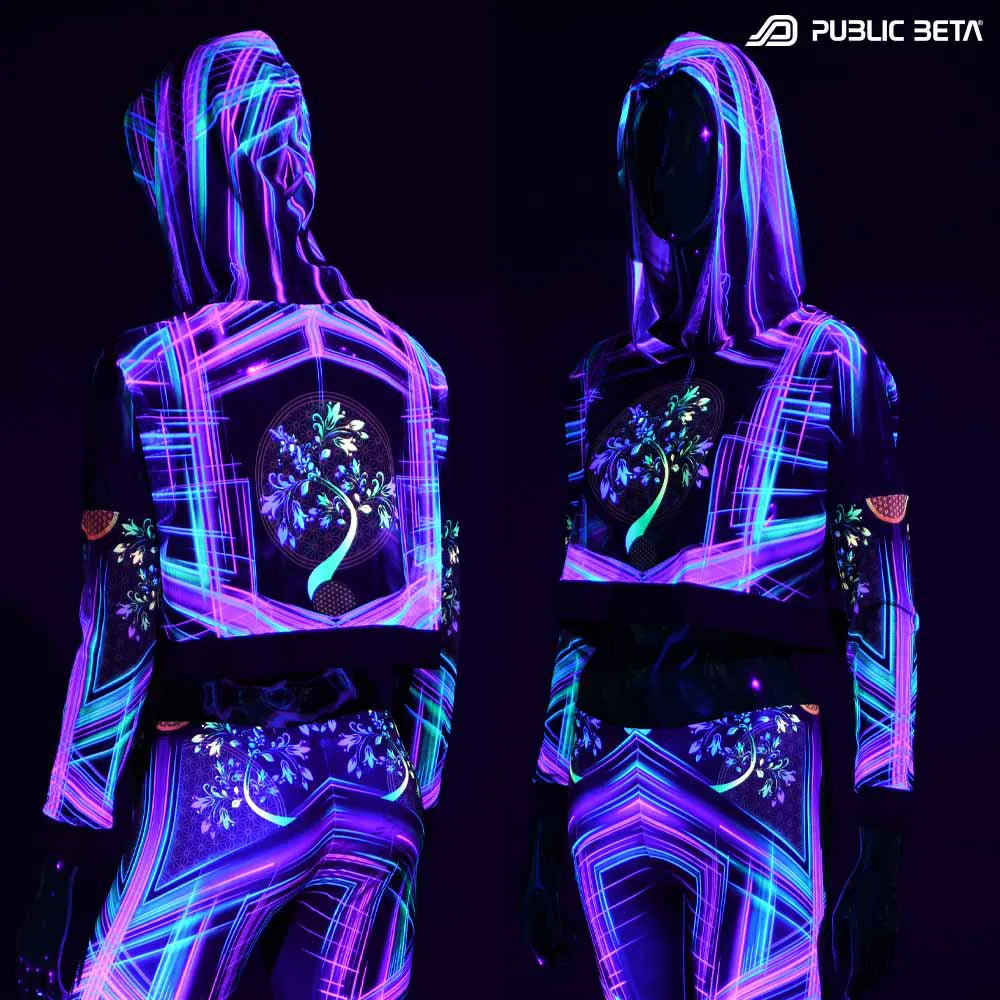 Hooded Crop Top/ Glow in Blacklight Mesh /DigiTree D144