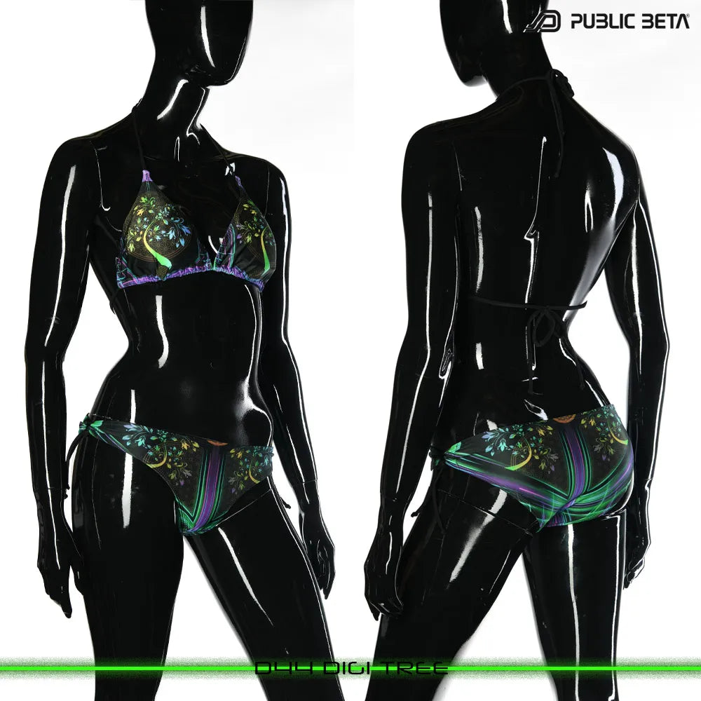 bikini set with UV-reactive printed graphics, photographed in natural light