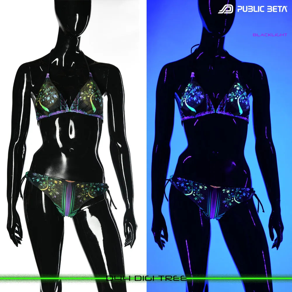 split image of a bikini shown in natural light and glowing under blacklight