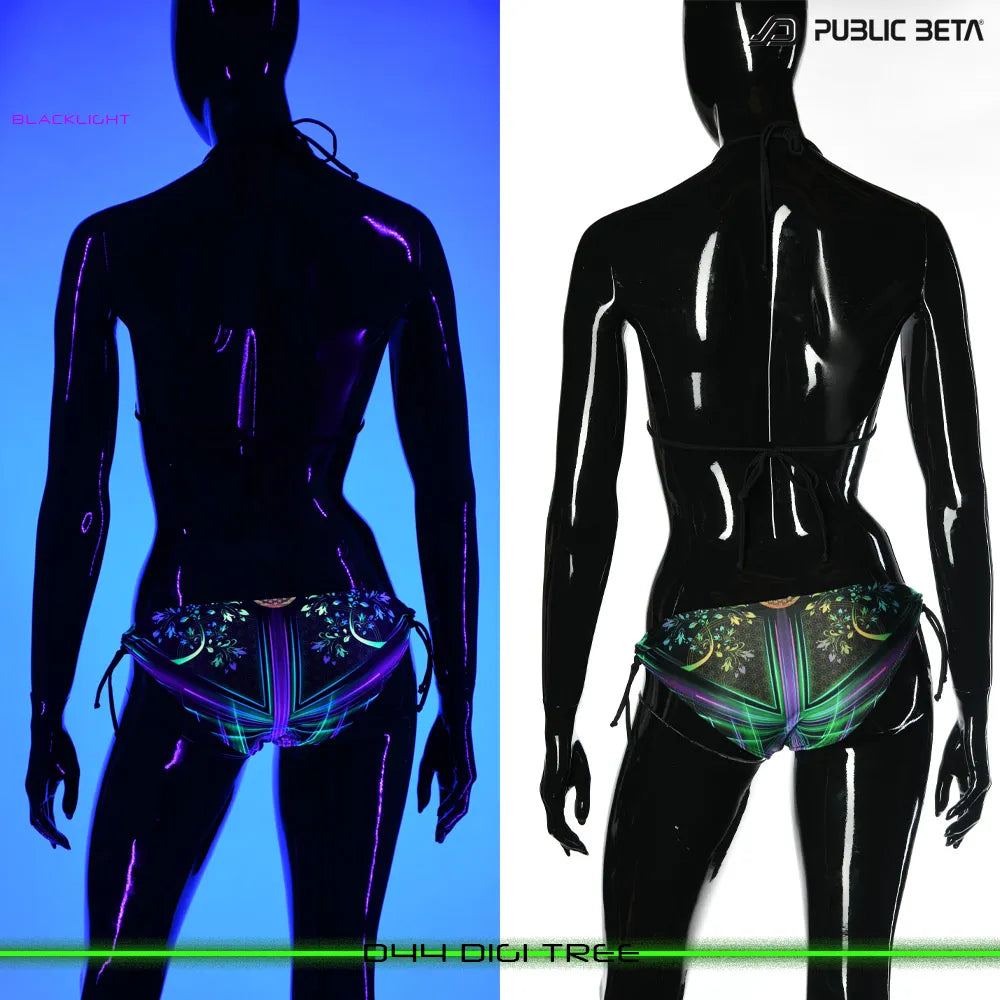 split image of a bikini shown in natural light and glowing under blacklight