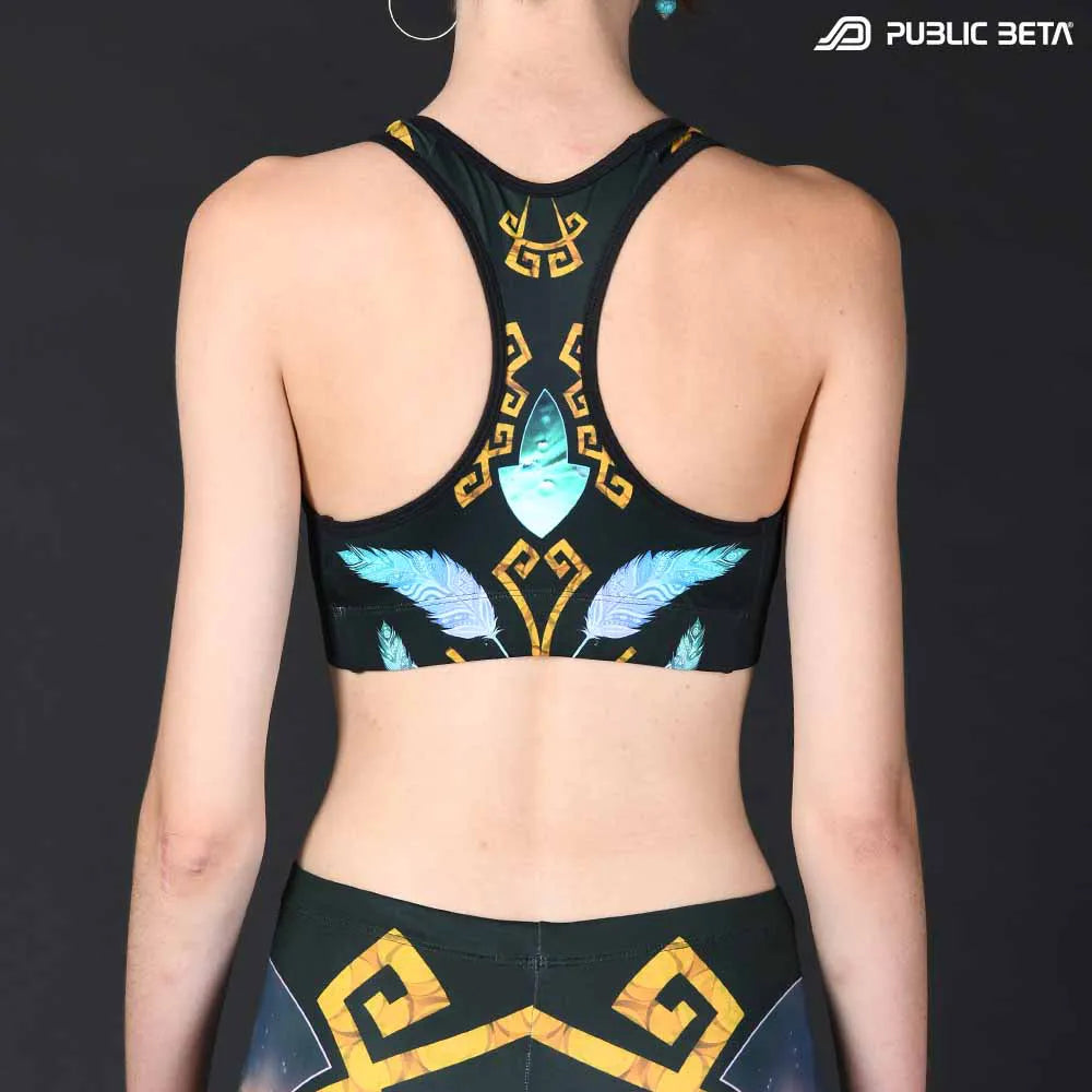 Active top with organic UV-reactive print, photographed in natural light