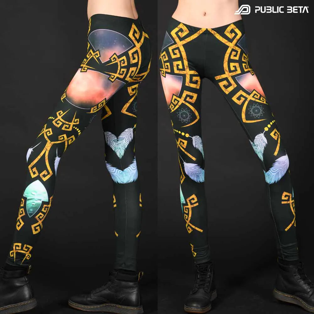 Leggings with organic UV-reactive print, photographed in natural light