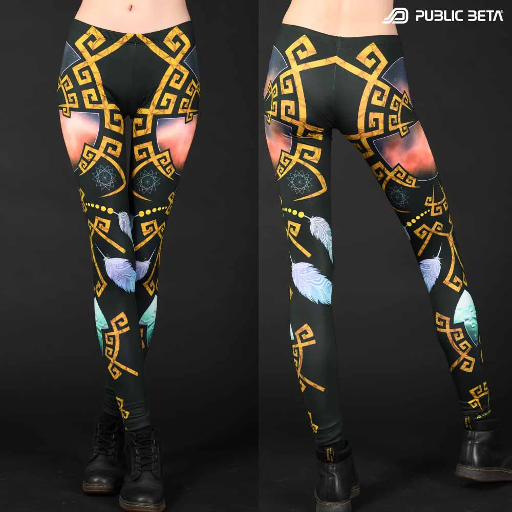 Leggings with organic UV-reactive print, photographed in natural light