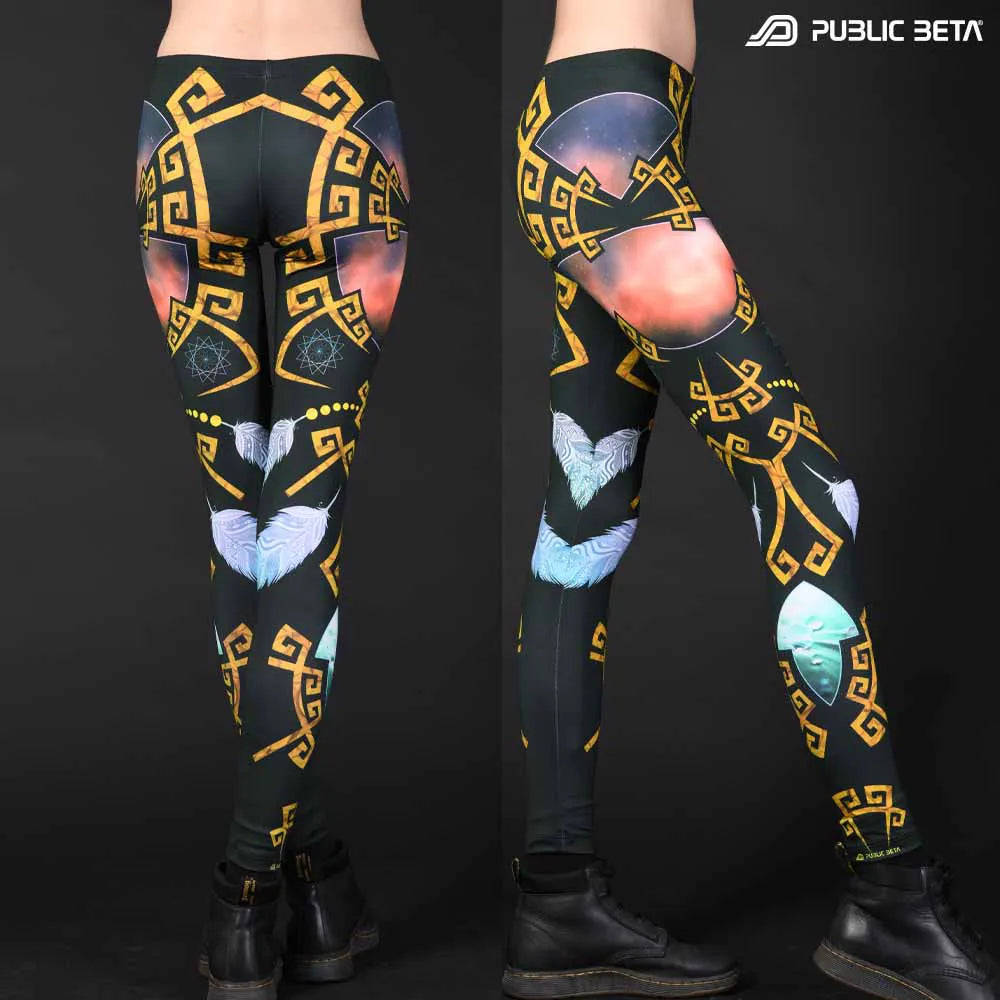 Leggings with organic UV-reactive print, photographed in natural light