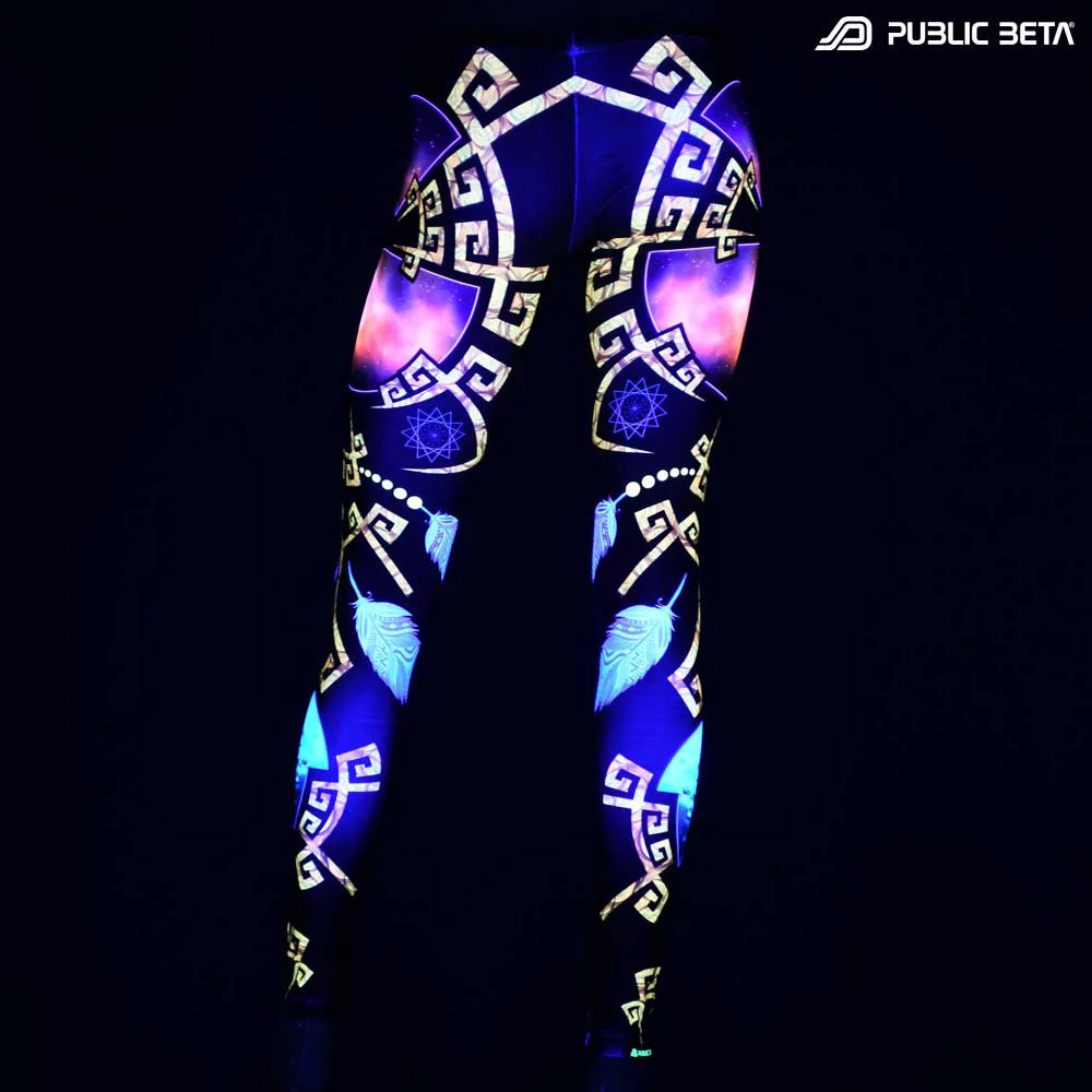 Leggings with organic UV-reactive print glowing under blacklight